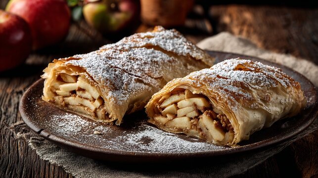 Delicious apple strudel with powdered sugar, flaky pastry, and diced apples, presented on a rustic plate with a dark wooden surface and blurred apples in the background.