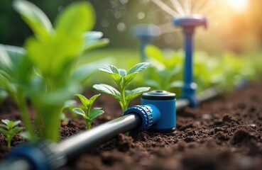 Fototapeta premium Young green plants grow in garden bed. Automated drip irrigation system waters seedlings with water from pipe. Efficient watering reduces water use in farming.