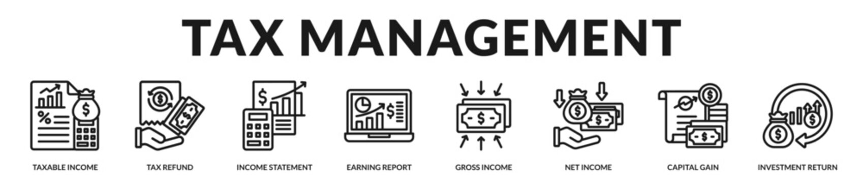 Tax management banner presenting structured fiscal compliance and optimized income reporting in Lineal Icon Style