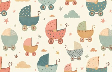 Cute vintage prams and baby carriages repeat pattern. Whimsical pastel illustration with clouds and stars. Nursery decor fabric, wallpaper, and textile design.