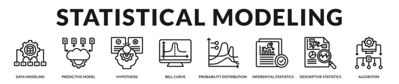 Statistical modeling banner presenting advanced predictive frameworks and rigorous quantitative experimentation methods in Lineal Icon Style