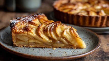 Exquisite apple tart slice with delicate apple slices and a dusting of powdered sugar, served on a rustic plate with a full tart in the background.