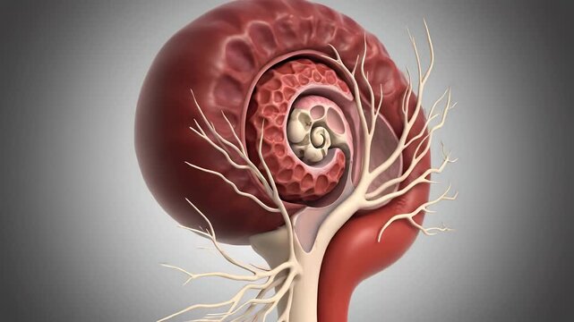 Detailed 3D anatomical illustration of the human inner ear cochlea and auditory nerves.