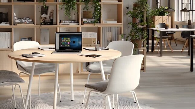 A modern office setting features a round table surrounded by white chairs. A laptop sits on the table, near books and a pen. Shelves filled with items