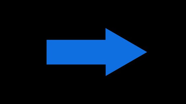 Blue simple straight animated arrow pointing to the right on black background or transparent background. Right-Pointing Arrow Animation. motion graphics. animation. 4k video