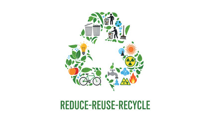 Recycle symbol with environmental icons and text REDUCE-REUSE-RECYCLE.