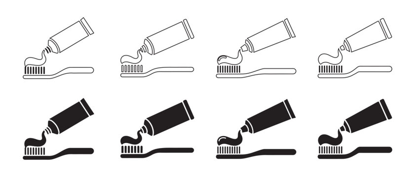 Toothpaste and Toothbrush Icons Set. Black and White Line Art and Solid Silhouettes.