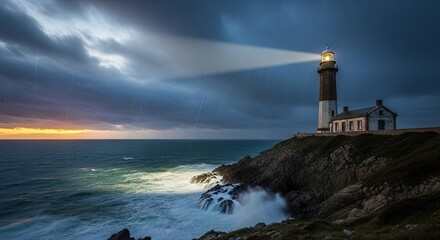 Obraz premium A tall, dark lighthouse stands dramatically on a rocky coastline during a stormy evening.