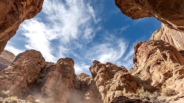 This low-angle perspective captures the majestic grandeur of towering canyon walls, sculpted by eons of natural forces under a vast, bright blue sky adorned with wispy clouds. The earthy tones of the 