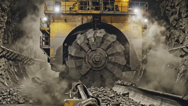Heavy machinery operating in a dusty underground mining environment.