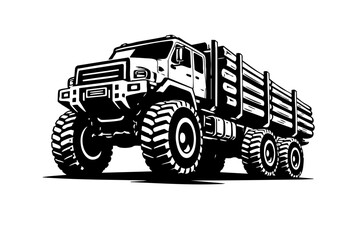 Obraz premium Low-angle perspective of a heavy logging truck emphasizing oversized offroad tires