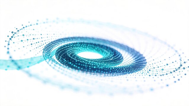 Abstract blue digital data flow with connecting dots forming a spiral tunnel on white background representing technology network communication science future and big data concepts