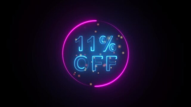 Neon 11 Percent Off Discount Sale Sign Glowing Blue and Pink on Black Background eleven percent off promotion
