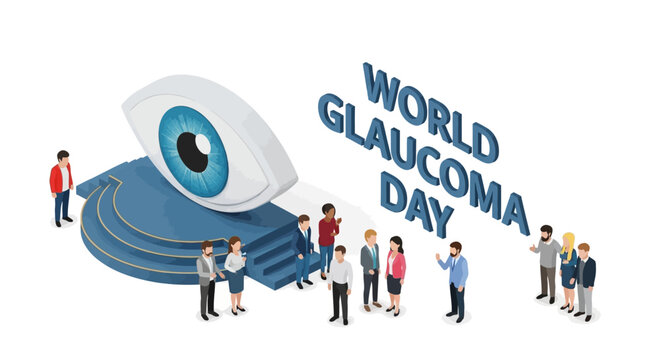 Illustration of people standing around a giant eye with the words 'World Glaucoma Day' in a bold, blue font, promoting eye health awareness and glaucoma prevention.