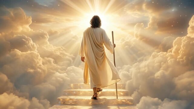 Holy man in white robe walking up heavenly stairs toward bright light