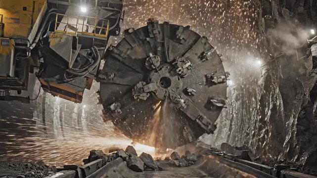 Heavy machinery tunnel boring machine excavation process.