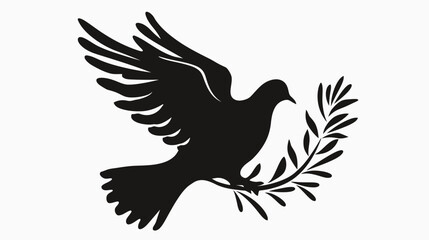 Silhouette of a flying dove with olive branch on white background