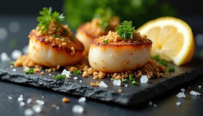 Three pan-seared scallops served on a dark slate plate with lemon slice and parsley garnish. Breadcrumbs add a crispy texture. A gourmet seafood appetizer for fine dining.