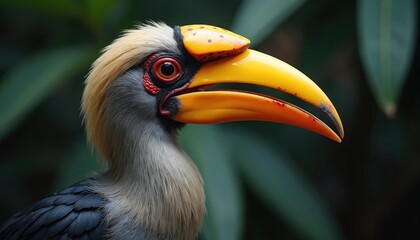 Obraz premium Close profile view of a hornbill bird with bright yellow beak and orange accents. Grey feathers on neck contrast with dark wing feathers against green jungle foliage background.
