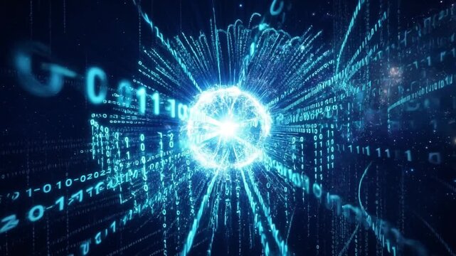 Glowing energy sphere blasting through blue binary computer code