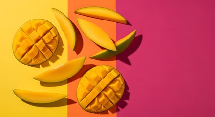 Fresh Mango Slices on Colorful Background, Still Life Composition, Studio Setting, Aesthetic View