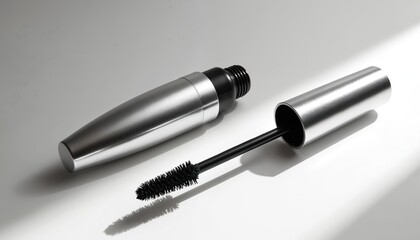 Sleek metallic mascara tube with black applicator wand, brush shown separated. Modern cosmetic product for eye makeup application is displayed on clean white studio background with soft light, shadow.