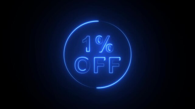 Blue neon 1 percent off discount symbol with glowing circle on black background sale offer