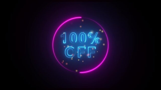 Neon 100 percent off discount symbol with glowing pink circle and sparkles on dark background sale offer