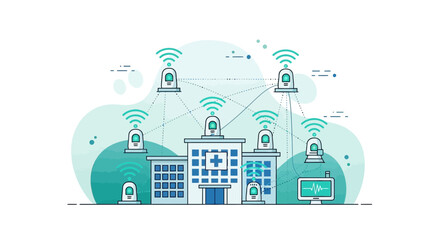 Obraz premium Smart Hospital Network: IoT Devices Connected to Medical Building with Wi-Fi Signals