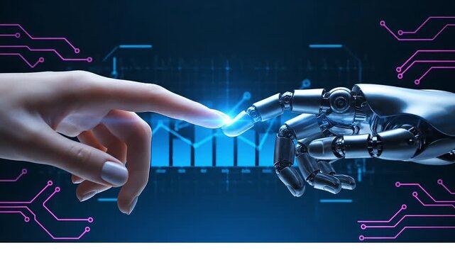 Human Hand and Robotic Hand Almost Touching in Dark Futuristic Setting