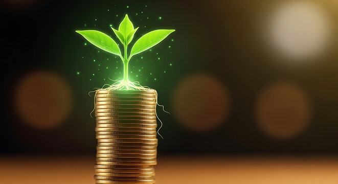 Luminous green sprout emerging from vertical stack of golden currency coins representing lucrative financial growth ecological investment capital and wealth prosperity success concept
