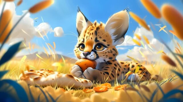 Cute Serval Kitten Playing with Food in Sunny Field Animation