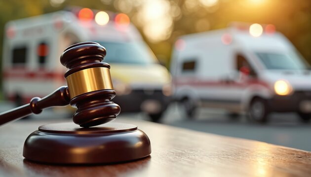 Gavel rests on table with blurred ambulances in background. Symbolizes accident lawsuit legal justice. Represents court trial for injury claims.