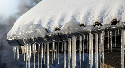 Snow-covered roof edge with icicle-laden gutter illustrating winter protection needs and ice-dam risks on residential house exterior under freezing seasonal conditions