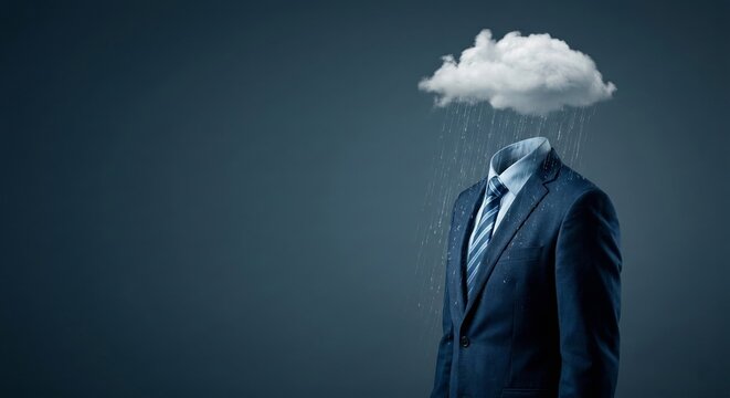 Surreal conceptual art of a headless businessman in suit with a rain cloud over the neck representing professional burnout depression and mental health struggles in office environment