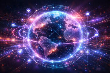 Obraz premium Global Digital Connectivity Concept with Earth Network and Communication Icons