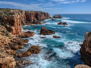 Rugged ochre cliffs meet turquoise ocean waves rocks