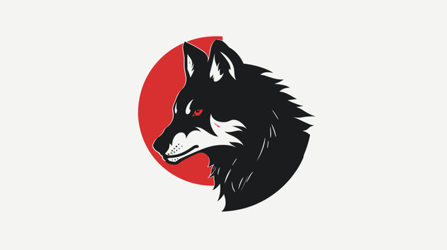 Stylized black wolf head with red eye against red circle on white background