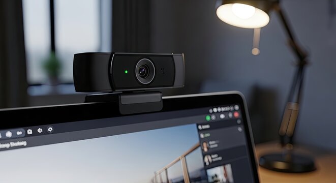 A black Logitech webcam is mounted on a laptop screen, positioned on a wooden desk. A warm light from a desk lamp illuminates the scene.