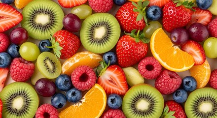 Obraz premium Vibrant Fruit Medley Display, Fresh Produce, Kitchen Table, Photograph, Colorful Arrangement, Overhead View, Healthy Eating Concept