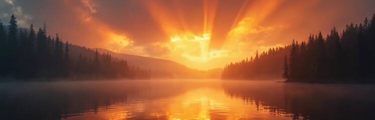 Fototapeta premium Dramatic sunrise over calm lake with misty forest silhouette. Golden sunbeams break through clouds, reflecting on water surface. Peaceful wilderness morning scene.