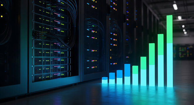 Illuminated 3D bar chart visualizing server rack data center power usage growth, energy demand trends, and high-performance computing network infrastructure efficiency analytics in a digital space.
