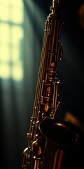 Fototapeta premium Echoes of blues dance from a brass saxophone, light catching dust motes in its tarnished gleam , retro, antique
