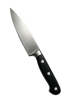 Professional kitchen chef knife with black handle and steel blade isolated on transparent background for cooking culinary restaurant food preparation sharp metal cutting tool equipment
