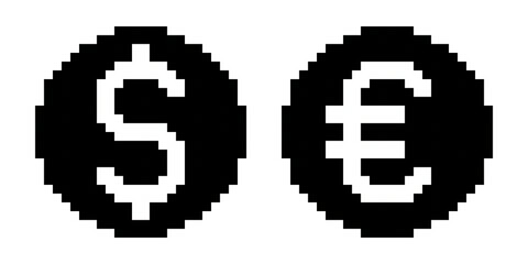 Obraz premium A set of dollar and euro signs in solid pixel art (Black & White)