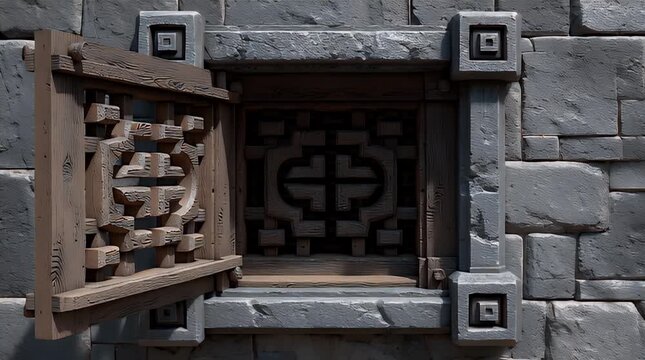 A stone wall featuring a window with a wooden frame and intricate latticework, slightly open. The frame has square architectural details