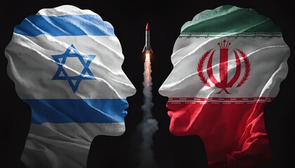 A symbolic representation of conflict between Israel and Iran with a rocket launch