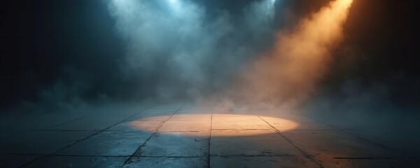 Naklejka premium Empty stage with fog and spotlights. Blue and orange lights create dramatic effect on tiled floor. Moody atmosphere for performance or show.