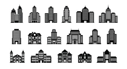 Black and white illustration of various city buildings and residential homes