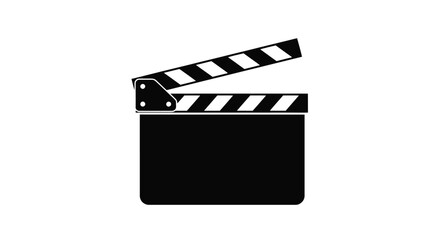 A black and white illustration of an open film clapperboard